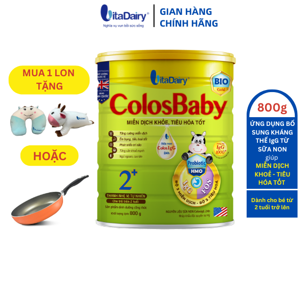 [MUA 1 LON TẶNG GỐI CHỮ U HOẶC CHẢO CHỐNG DÍNH 20cm] Sữa non Colosbaby BIO Gold 2+ 800g, sữa bột giúp bé tiêu hóa tốt, miễn dịch khỏe - VitaDairy