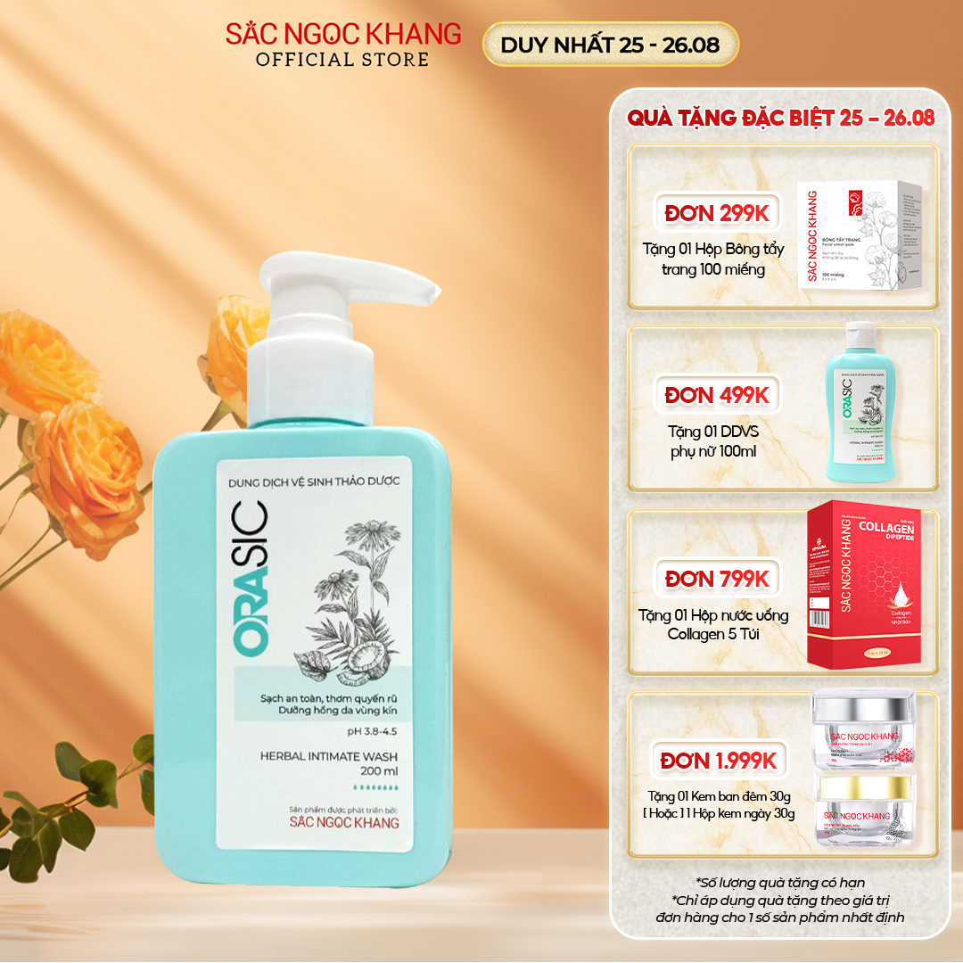 Dung dịch vệ sinh phụ nữ Orasic thảo dược tinh chất là trầu không & quả dừa giúp làm sạch, dưỡng ẩm và khử mùi hôi, bảo vệ và ngăn ngừa vùng kín khỏi các bệnh viêm nhiễm phụ khoa, khô rát chai 200ml