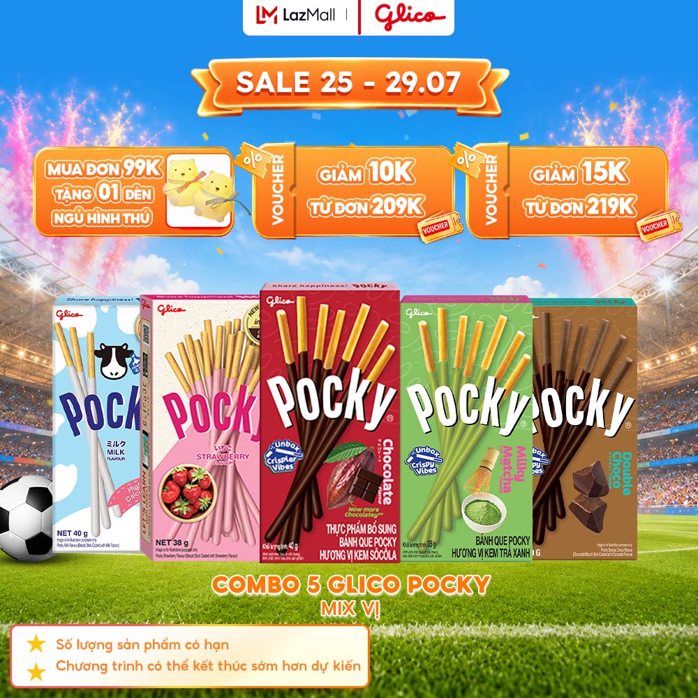 Combo 5 Hộp Mix Vị Bánh Que Phủ Kem Glico Pocky (00433 - 1 Dâu_1 Cookie_1 Milk Hokkaido_1 Double Choco_1 Matcha)