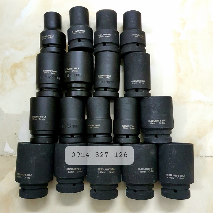 [Trả góp 0%] Bộ khẩu 1 inch thân dài hãng Kouritsu Nhật Bản thép CR-Mo 18 cỡ từ 21mm - 48mm (Bộ tuýp 1 inch Kouritsu) Bộ điếu 1 inch