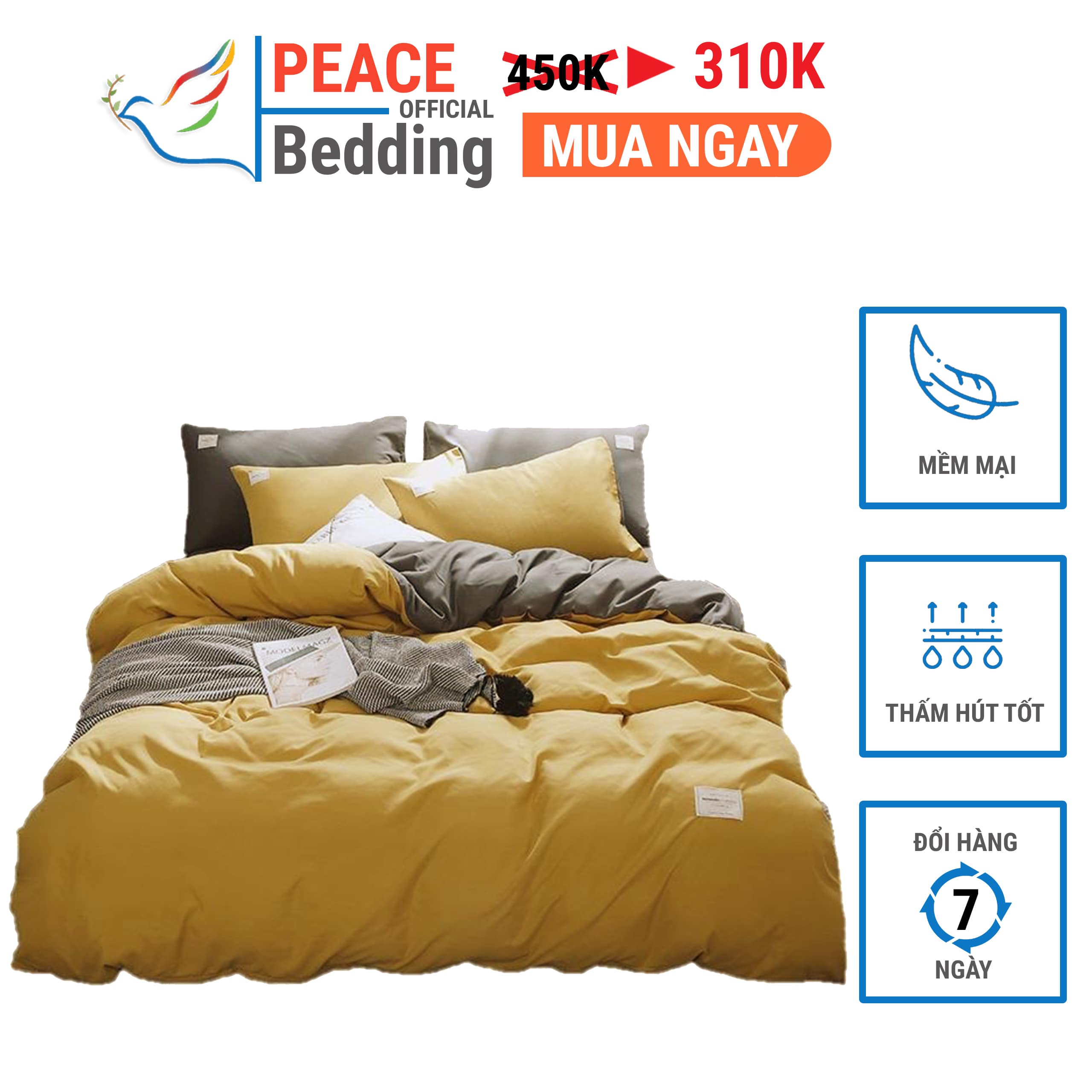 [FREESHIP] Bộ Vỏ Chăn Ga Giường Và 2 Vỏ Gối Đầu 4 Món Giá Rẻ Mẫu Vàng Ghi Trơn Mềm Mịn Dày Dặn Thấm Hút Tốt Chất Liệu Cotton Tici Cho Nệm 1M2, M4, M6, M8, 2M