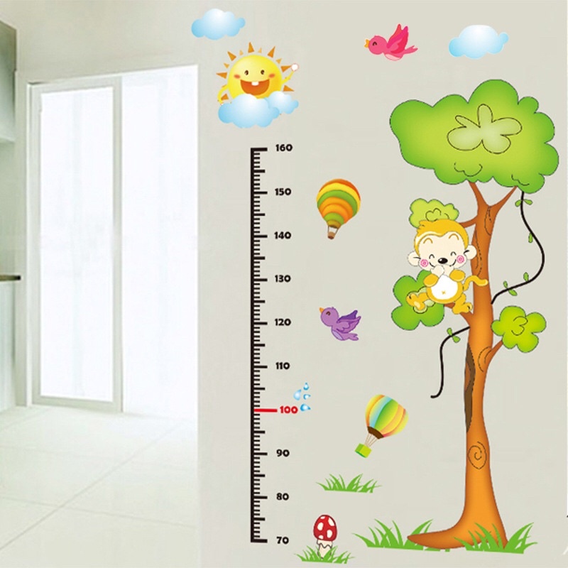 Decal dán tường trang trí phòng cho bé thước đo và cây xanh