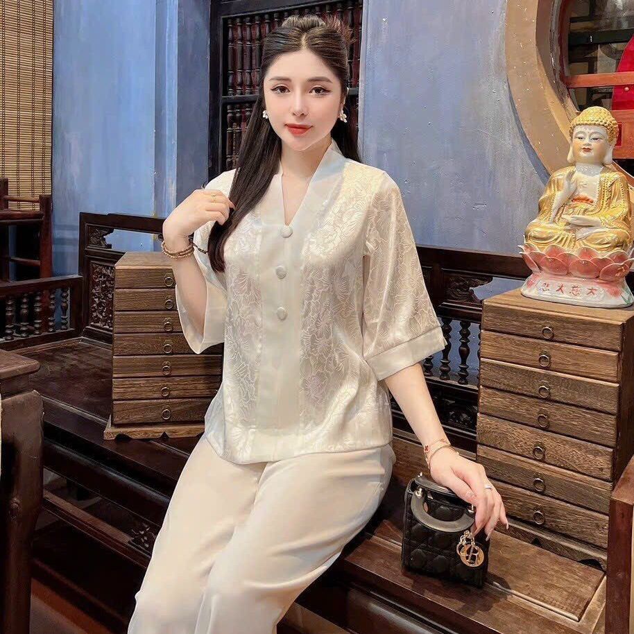 Mẫu pháp phục bà lai lụa gấm cao cấp đi lễ chùa
