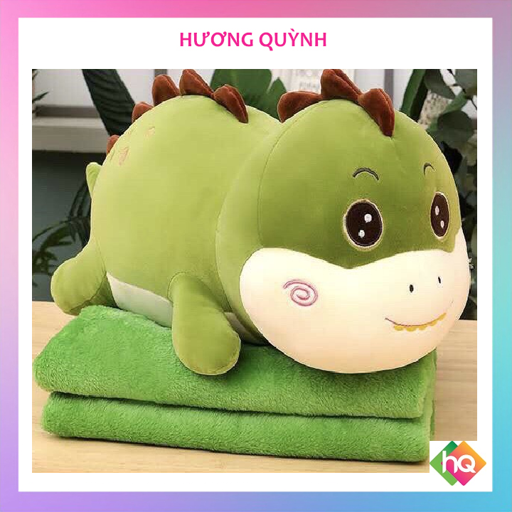 (HQ)Bộ chăn gối văn phòng gấu bông khủng long xanh 60cm HƯƠNG QUỲNH-chất liệu vải Nhung co giãn-kích thước GỐI 60x30cm CHĂN MỀN 1m1x1m6