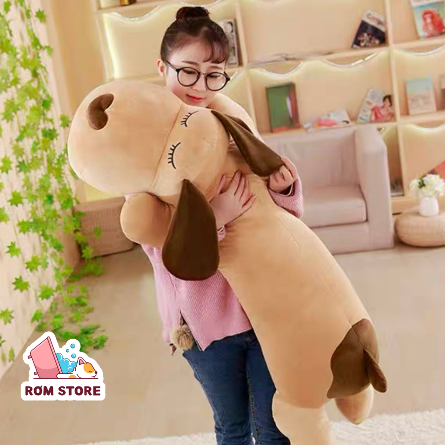 Gấu bông chó mũi tim tai dài, chó nhồi bông nằm dài ngủ màu vàng gối ôm siêu khổng lồ 1m4, siêu mềm mịn
