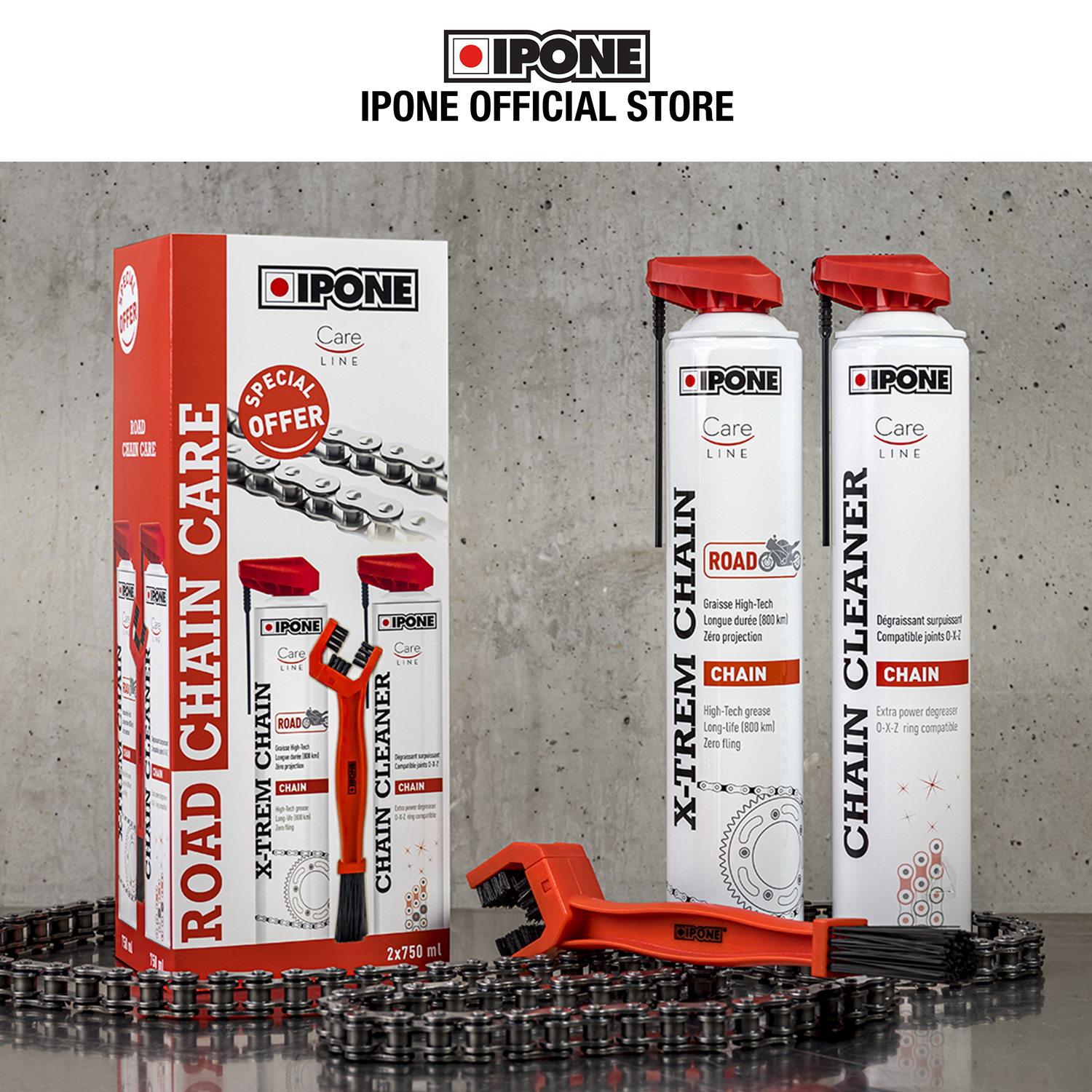 Bộ vệ sinh chăm sóc sên/xích gồm Rửa sên, Dưỡng sên, bàn chải Ipone Road Chain Care Pack