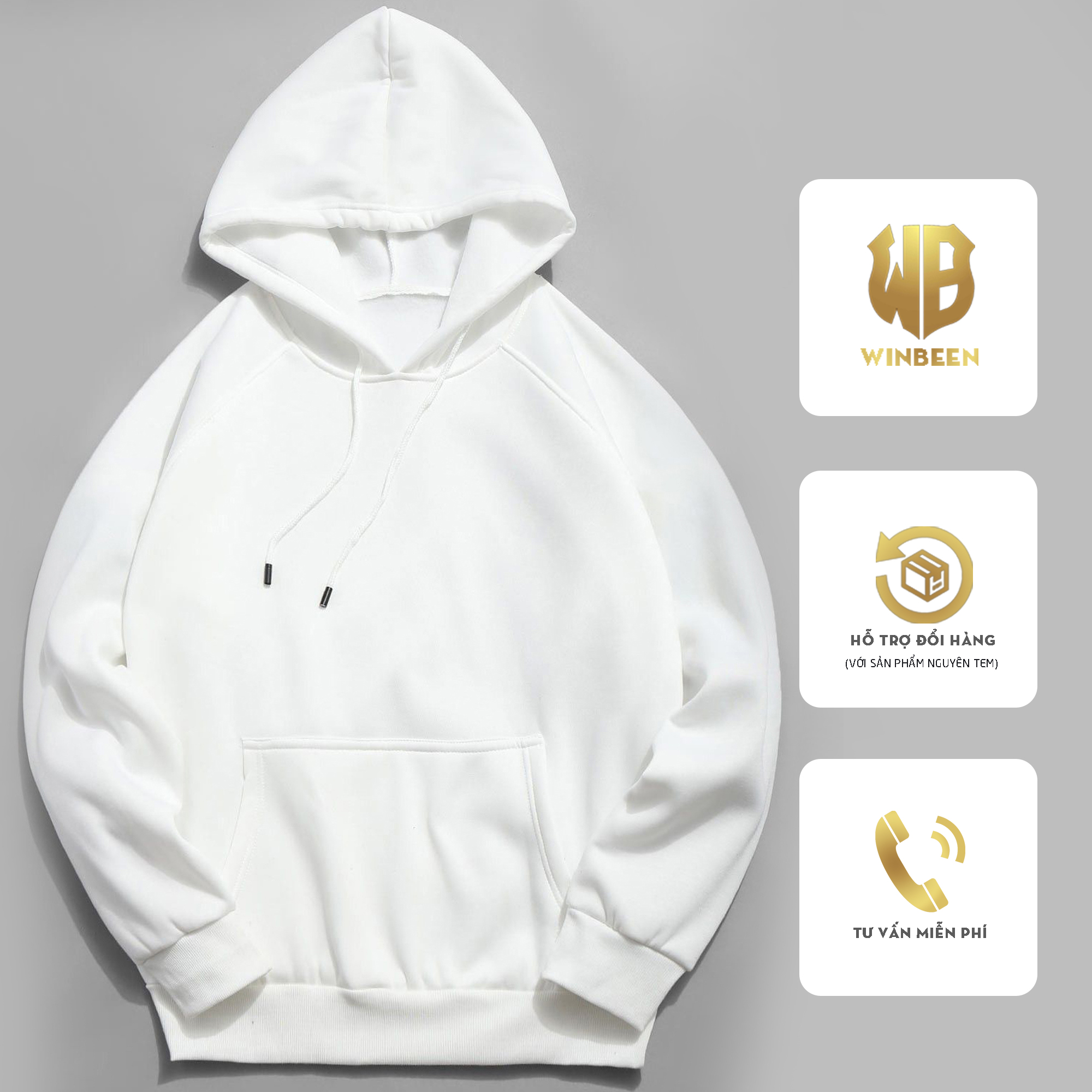 Hoodie cao cấp WinBeen chất cotton dầy co dãn phong cách basic 2 Màu Trắng Đen (Có Video Thực Tế)
