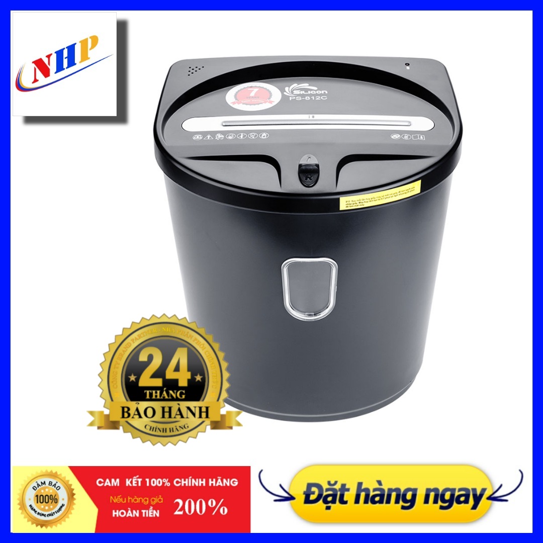 Máy hủy tài liệu Silicon PS-812C cao cấp chống trả ngược giấy chống kẹt giấy hủy được cả ghim bấm. Tiện lợi và an toàn cho người sử dụng