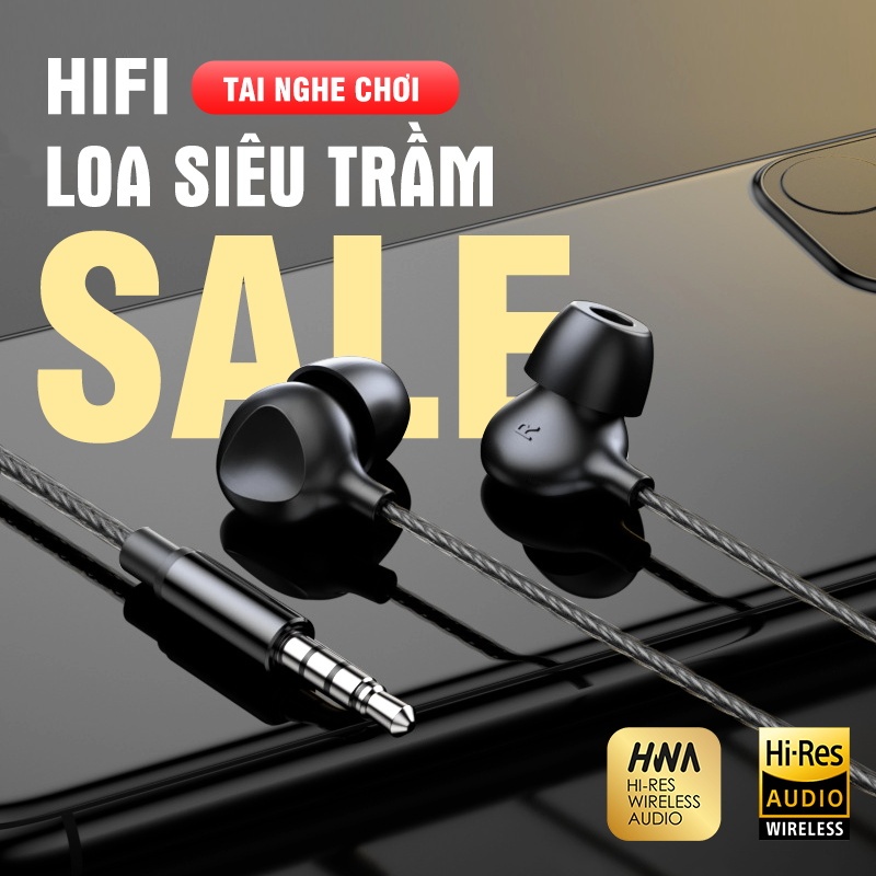 Tai nghe có dây 3.5mm Premium Super Bass Âm Thanh Khủng Chống Ồn Hiệu Quả Có Mic Đàm Thoại