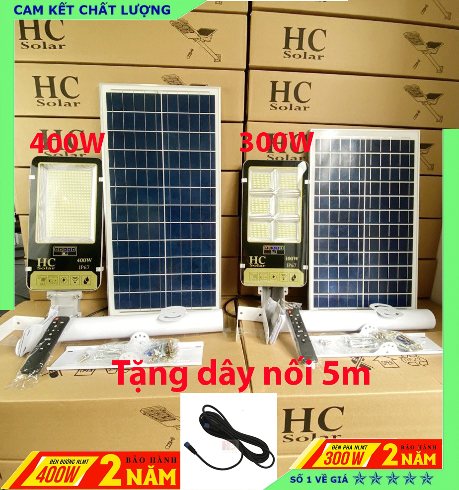Đèn pha năng lượng mặt trời bàn chải hc solar light 400w,300w, vỏ nhôm, tấm pin nlmt rời, ánh sáng trắng