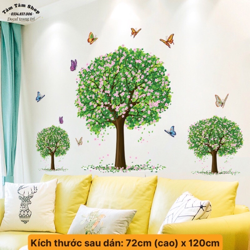 Decal dán tường 3 cây xanh trang trí phòng khách , sẵn keo dán.