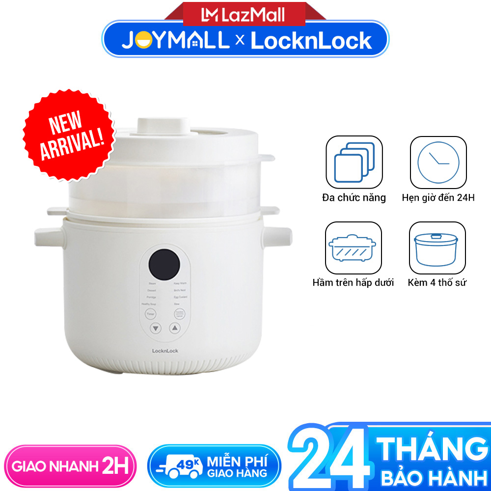 Nồi nấu chậm đa năng 2.5L Locknlock Bianco EJP164IVY, Hàng chính hãng, 4 thố sứ đi kèm, 7 chức năng, giữ ấm - JoyMall