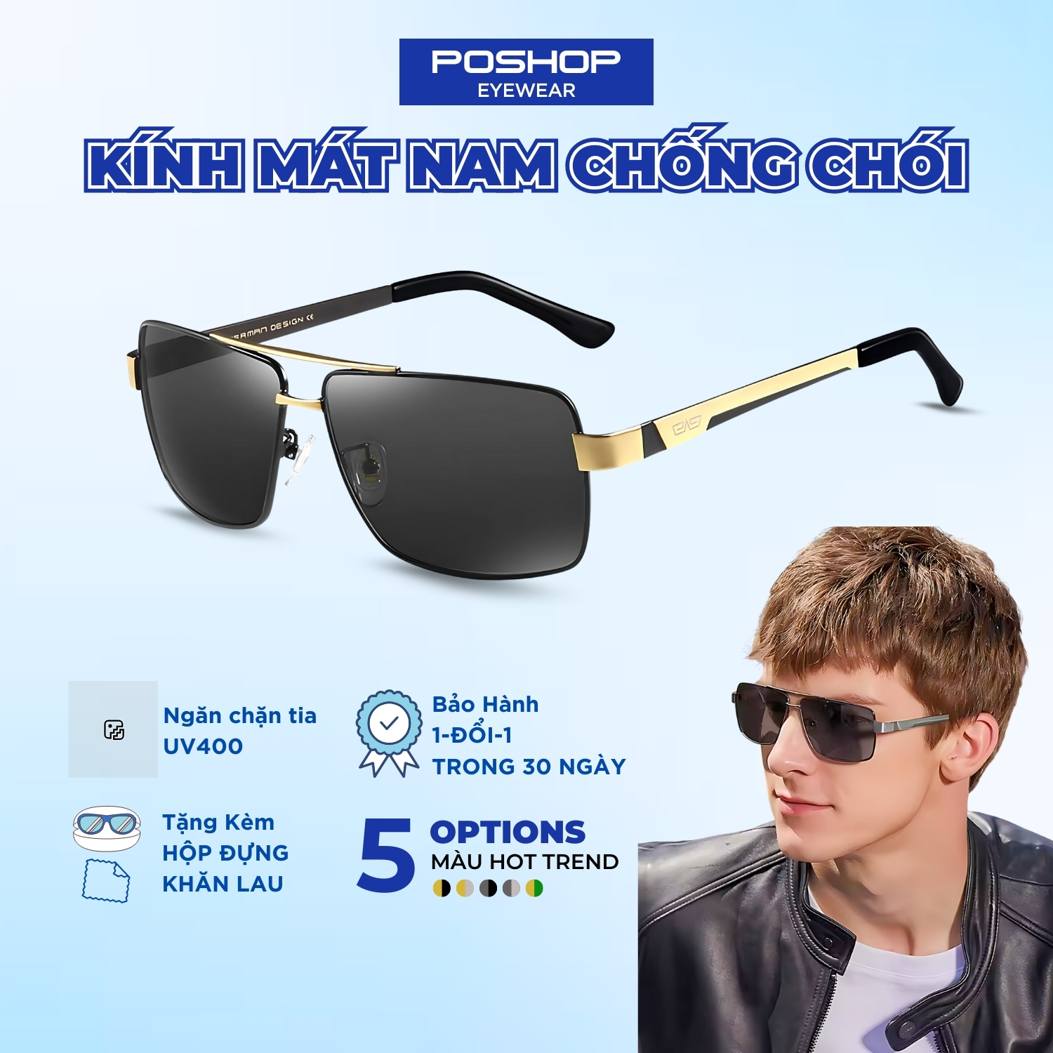 Kính Mát Nam Vuông POSHOP 8712 kính râm gọng kim loại mắt phân cực chống chói lái xe ngày đêm uv400