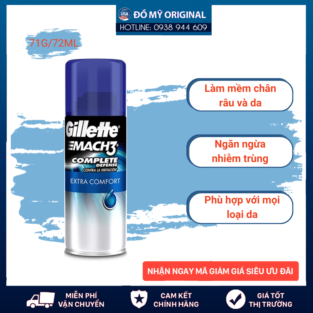 Gel cạo râu Gillette Mach3 Complete Defense Extra Comfort 71g/72ml Hàng Nhập Mỹ Làm Mềm Chân Râu Bảo Vệ Da Ngăn Ngừa Nhiễm Trùng