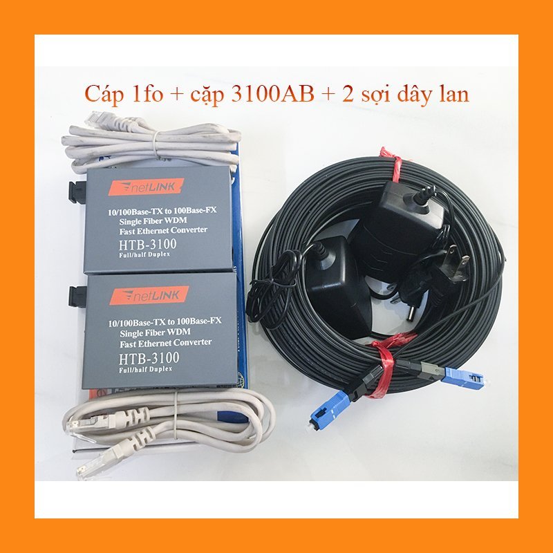 200m cáp quang 1fo gia cường bấm sẵn 2 đầu + cặp converter quang 3100ab 100m + 2 sợi dây lan