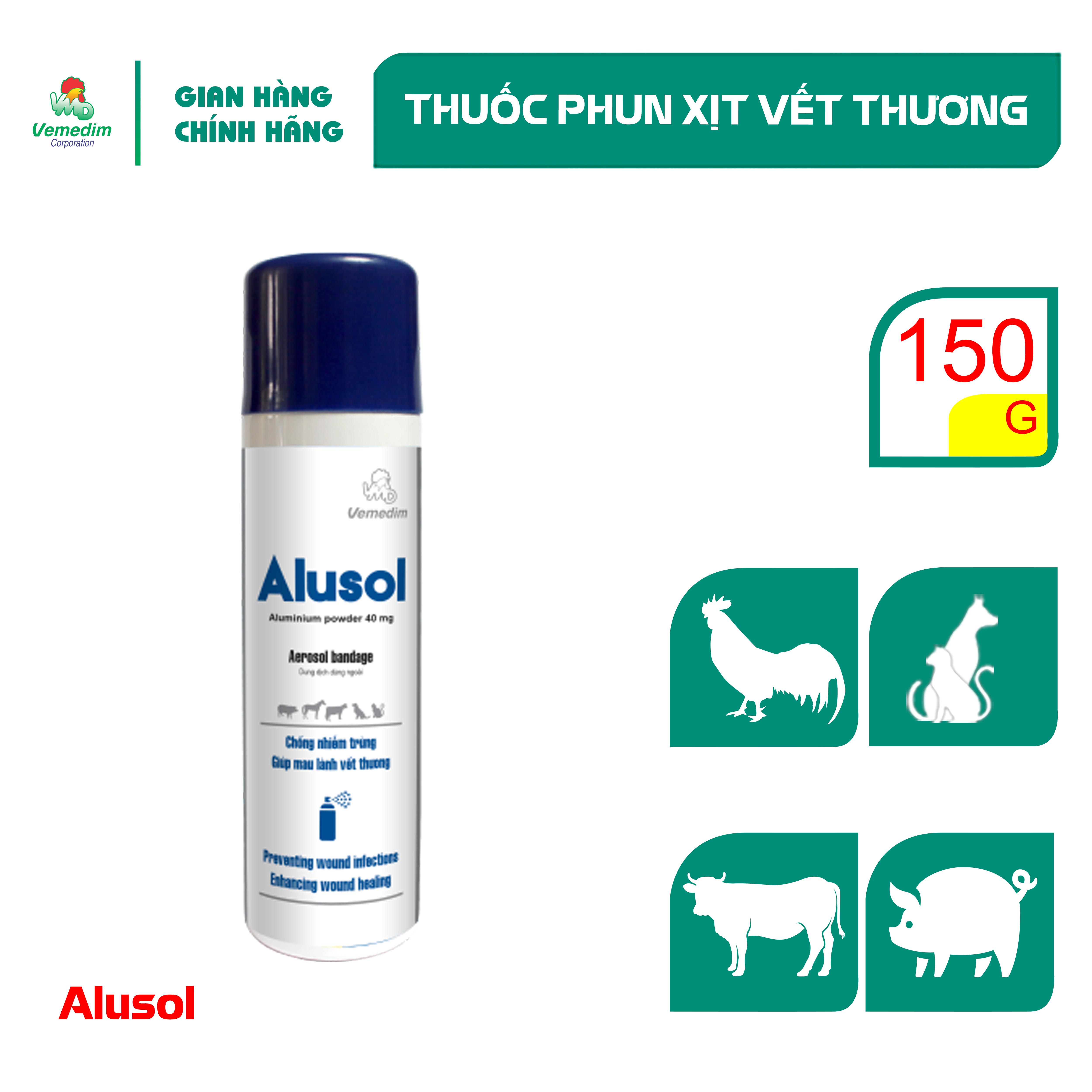 "Hoàn tiền đến 10%" Vemedim Alusol Phun xịt dùng ngoài da chữa vết thương cho chó mèo gia súc , chai 150g