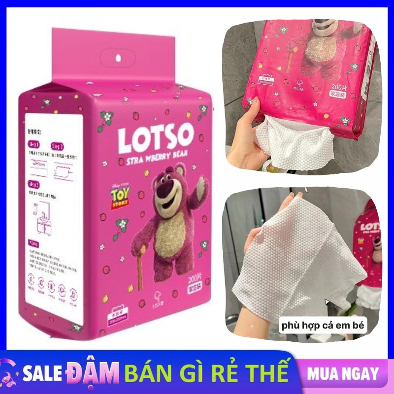 Bịch 200 Khăn lau mặt khô đa năng dùng 1 lần  GẤU DÂU, GẤU LOTSO dạng rút 100% Bông Tự Nhiên Mềm Mại Cao Cấp - Bông tẩy trang - Khăn lau đa năng dùng 1 lần , lau ướt, lau khô - Khăn giấy đa năng