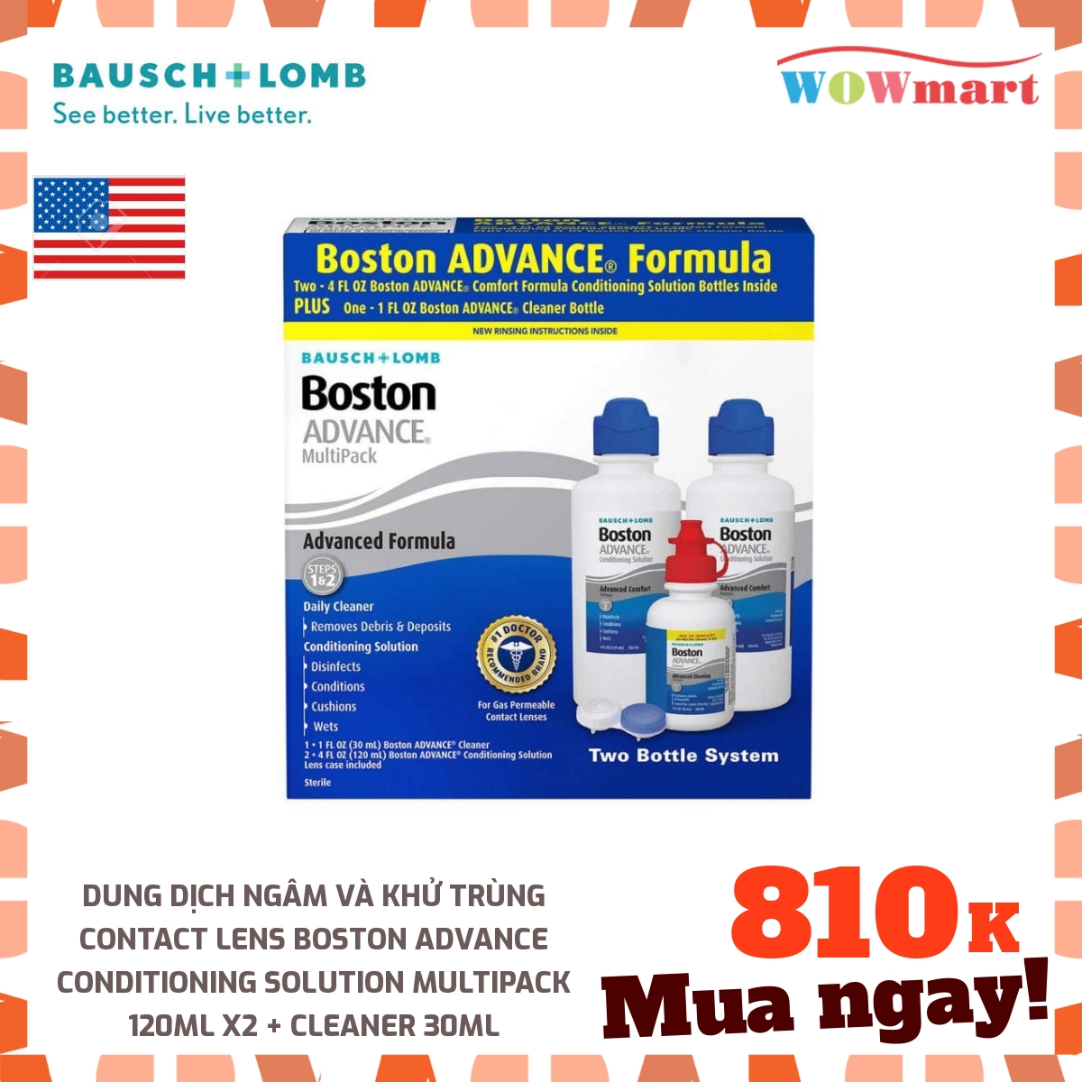 Dung dịch ngâm và khử trùng contact lens Boston Advance Conditioning Solution MultiPack 120ml x2 + Cleaner 30ml -