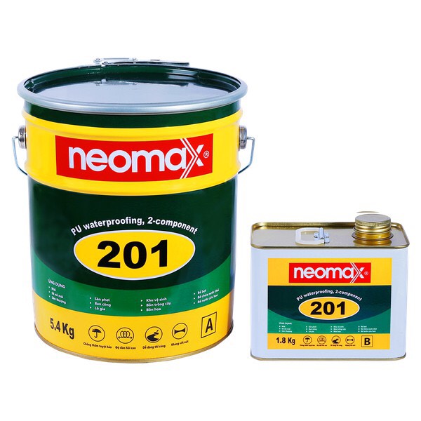 Neomax 201 - bộ 7.2kg - chống thấm hai thành phần gốc polyurethane đàn hồi cao dùng cho sân thượng, nhà vệ sinh....