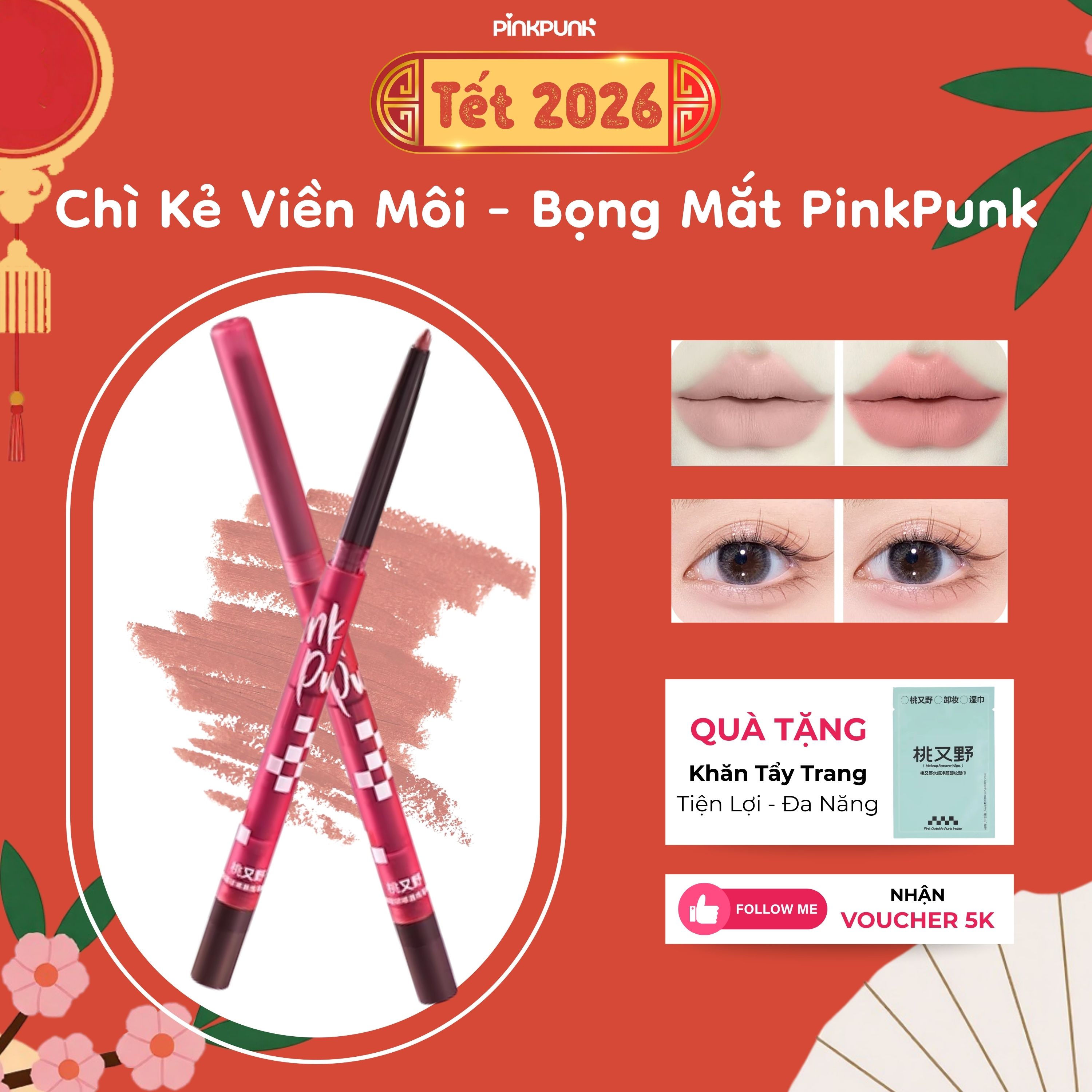 Chì Kẻ Viền Môi LipLiner PinkPunk Chì Kẻ Đa Năng Bút kẻ Bọng Mắt Sáp Kết Cấu Căng Mọng 0.25g Kèm Đầu Tán Son