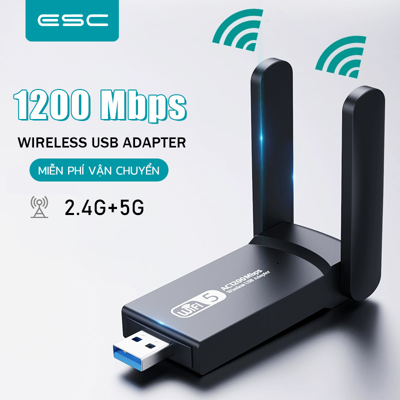 ESC Nâng cấp WiFi 5G dễ dàng với USB 3.0 WIFI (Có lỗ tản nhiệt)siêu tốc 1300Mbps bắt 5GHz cho máy bàn PC laptop