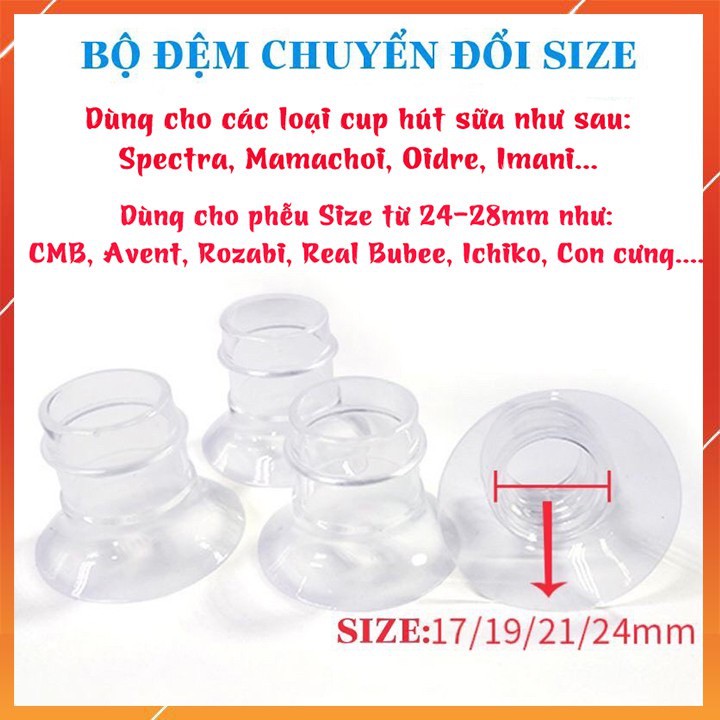 ￼Đệm giảm size, hạ size phễu, cup máy hút sữa 17/19/21mm, chất liệu silicon tương thích với nhiều máy hút sữa