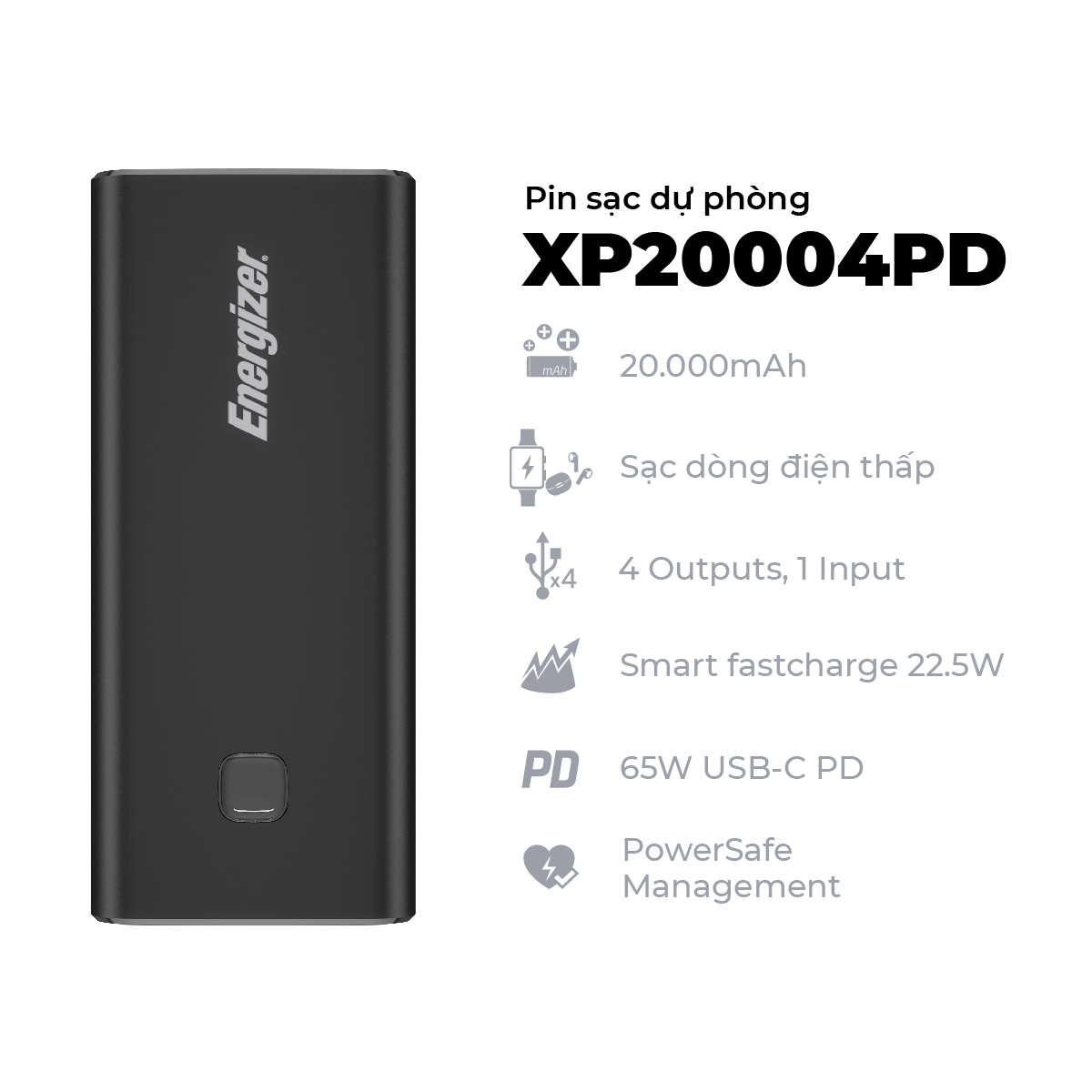 Sạc dự phòng energizer 20000mah xp20004pd - tích hợp 4 cổng sạc, công suất sạc lên đến 65w - hàng chính hãng