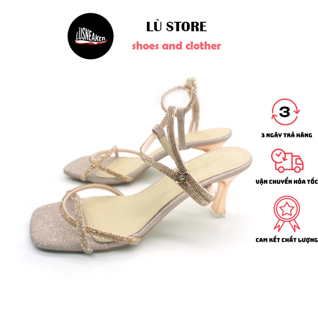 Sandal cao gót Giày cao gót mũi vuông cao 7cm, Dép sandal hai màu hồng và bạc size từ 35-39