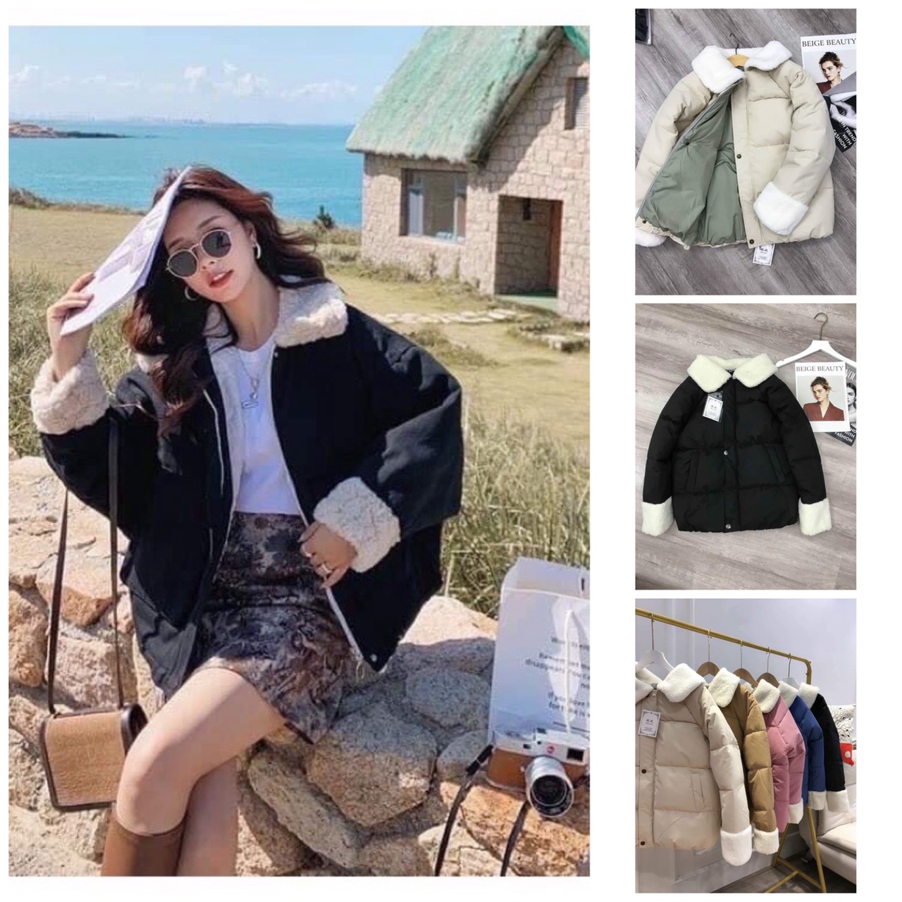 Áo khoác phao nữ trần bông 3 lớp cổ lông tay lông, áo phao nữ cổ bẻ, áo khoác mùa đông siêu ấm, áo khoác phao dáng ngắn, áo phao nữ đại hàn, áo phao kiểu hàn quốc, CLOWE