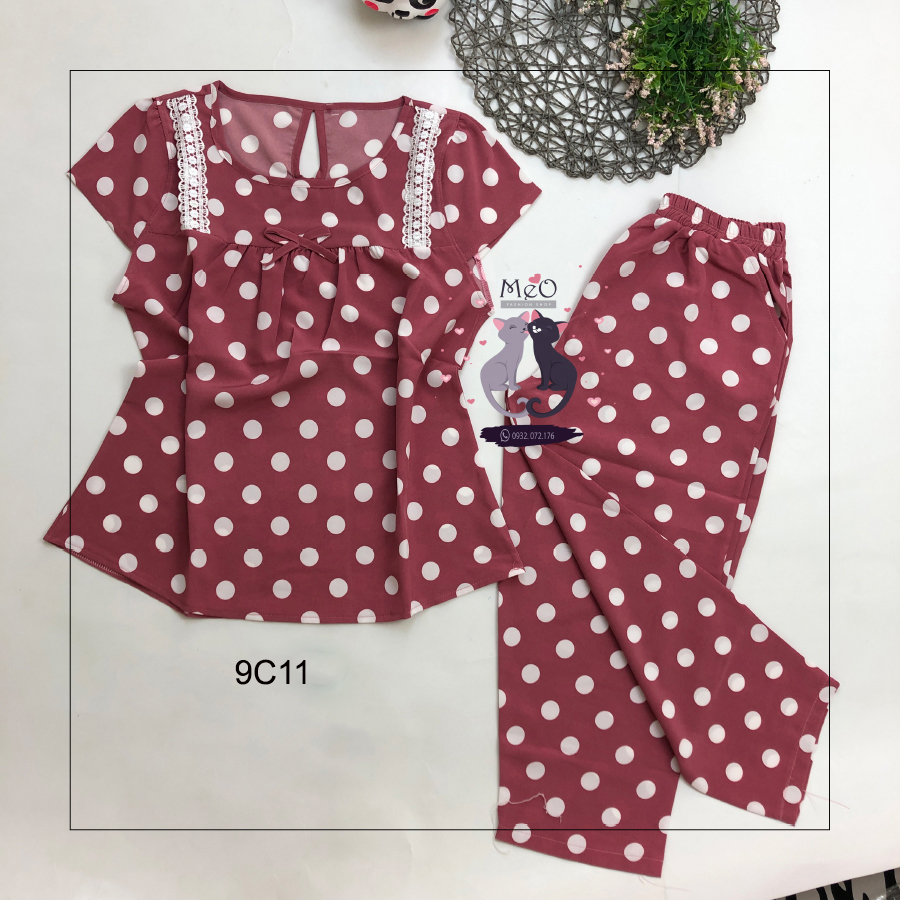 Bộ mặc nhà quần 9 tấc họa tiết chấm bi vải lụa mèo shop