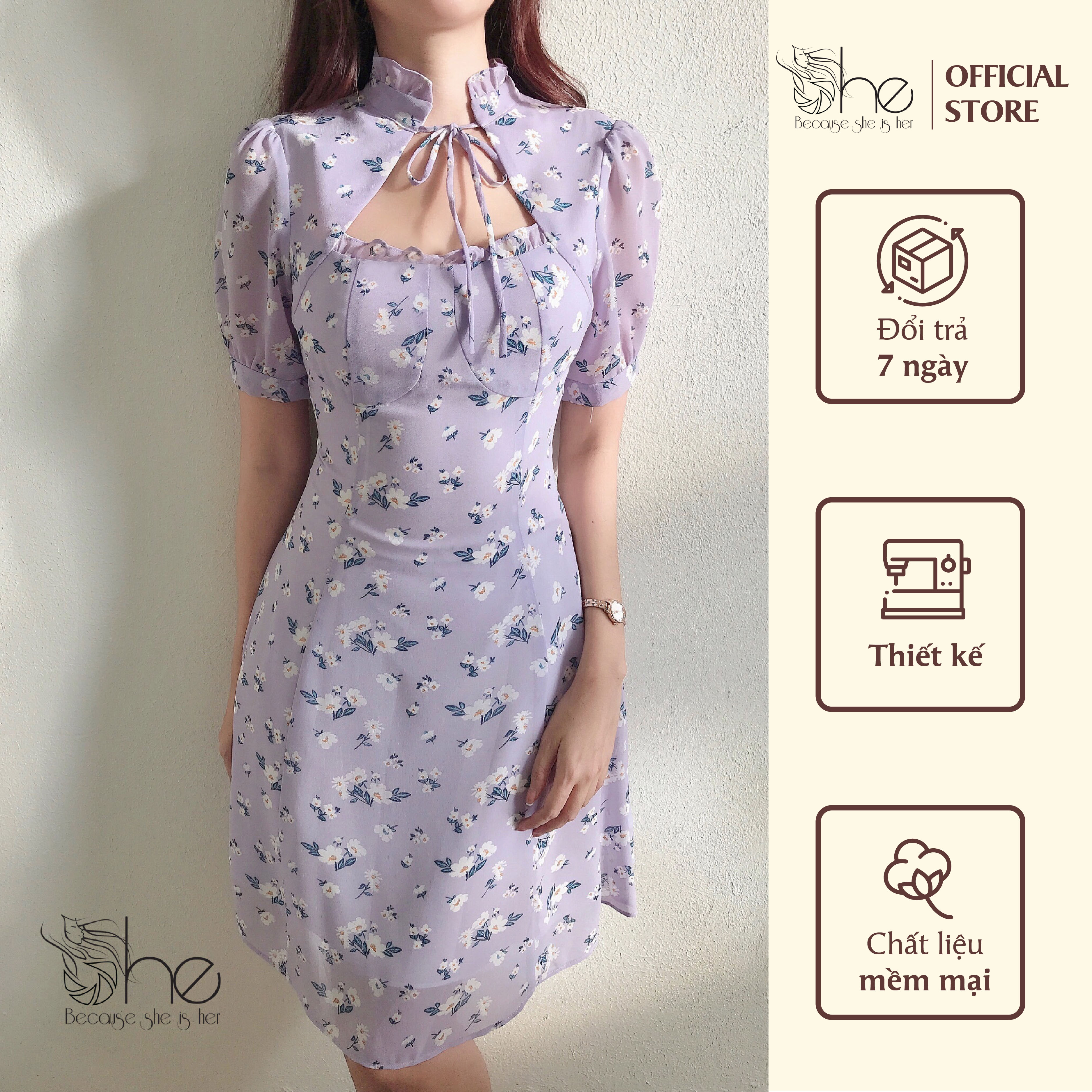 Váy tiểu thư cột nơ She, đầm hoa nhí cột nơ dễ thương xinh xắn đi chơi SDX131