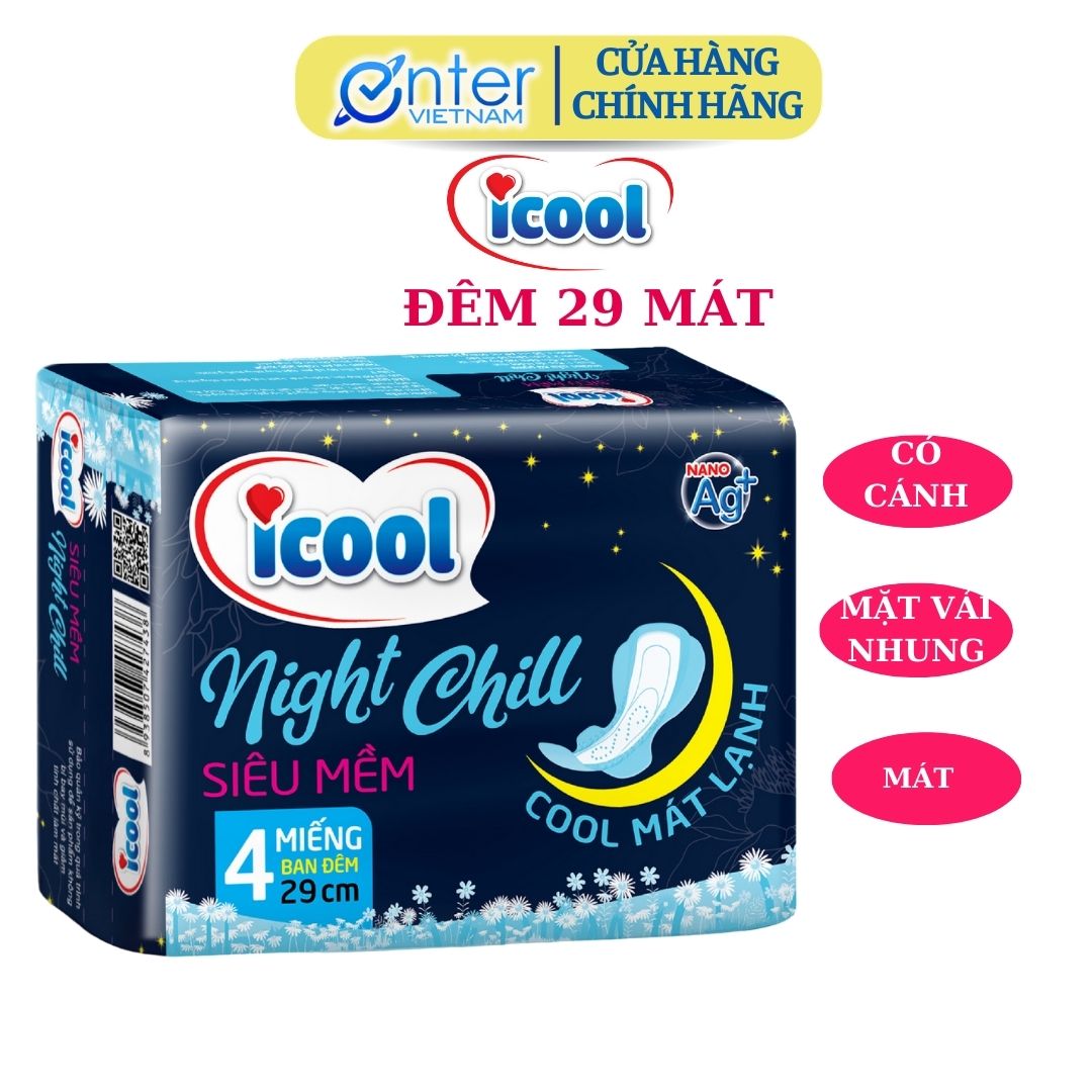 Hàng Chính Hãng Băng vệ sinh ICOOL Chill ban đêm dài 29cm BVS đêm có cánh khô thoáng kháng khuẩn chống tràn