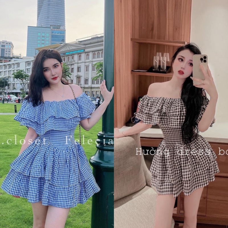 Váy kẻ trễ vai tầng xanh đen hot hit có ảnh thật kèm video