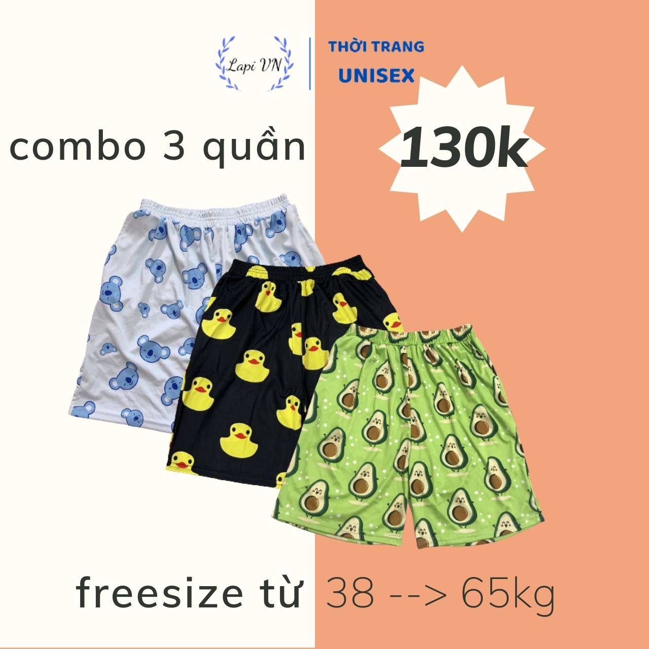 COMBO 3 Quần Short Hoạt Hình (mẫu 3) -Lapi VN ,FREESIZE đến 65kg, Nam Nữ Đều Mặc Được