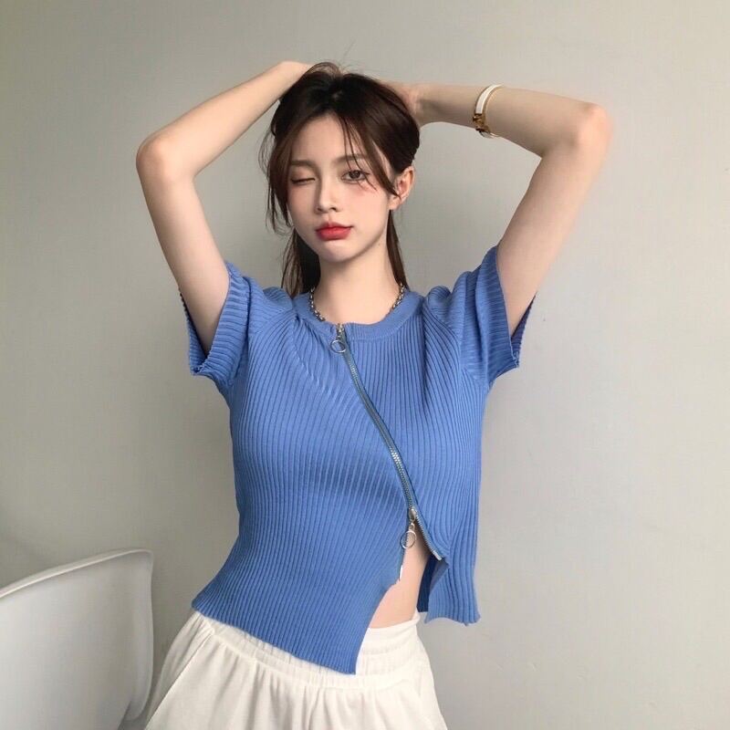Áo len nữ cộc tay dây kéo chéo hàng QC
