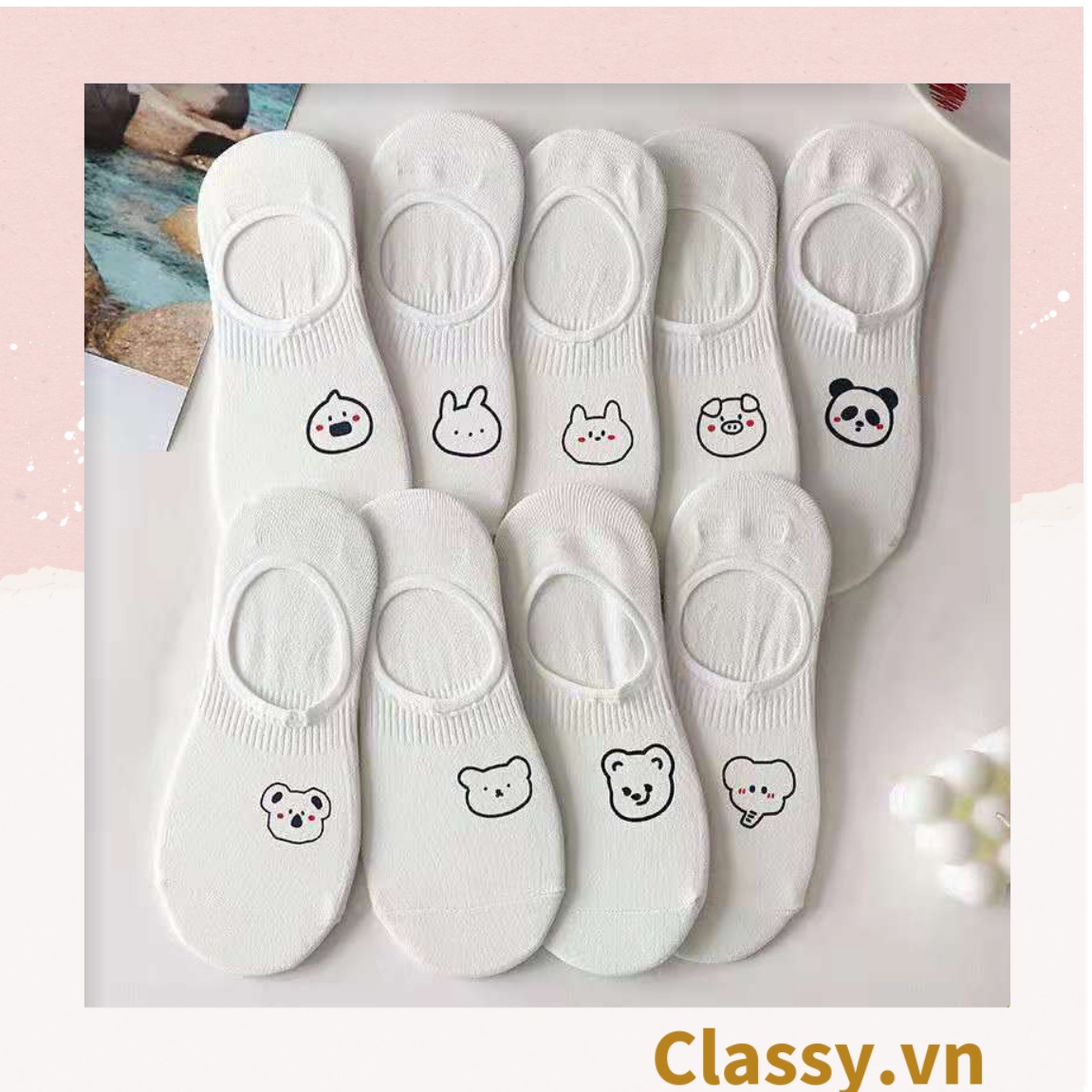 Classy Tất nữ vớ nữ cotton màu trắng mix họa tiết cute Hàn Quốc G1388