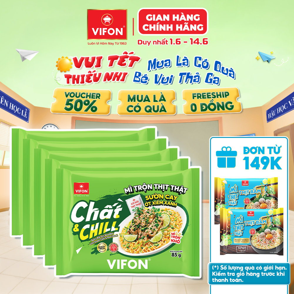 Set 5/Set 10 Gói Mì Trộn VIFON Thịt Thật Sườn Cay Ớt Xiêm Xanh 85g – Mì Trộn Cay Thái Lạ Miệng, Lôi Cuốn