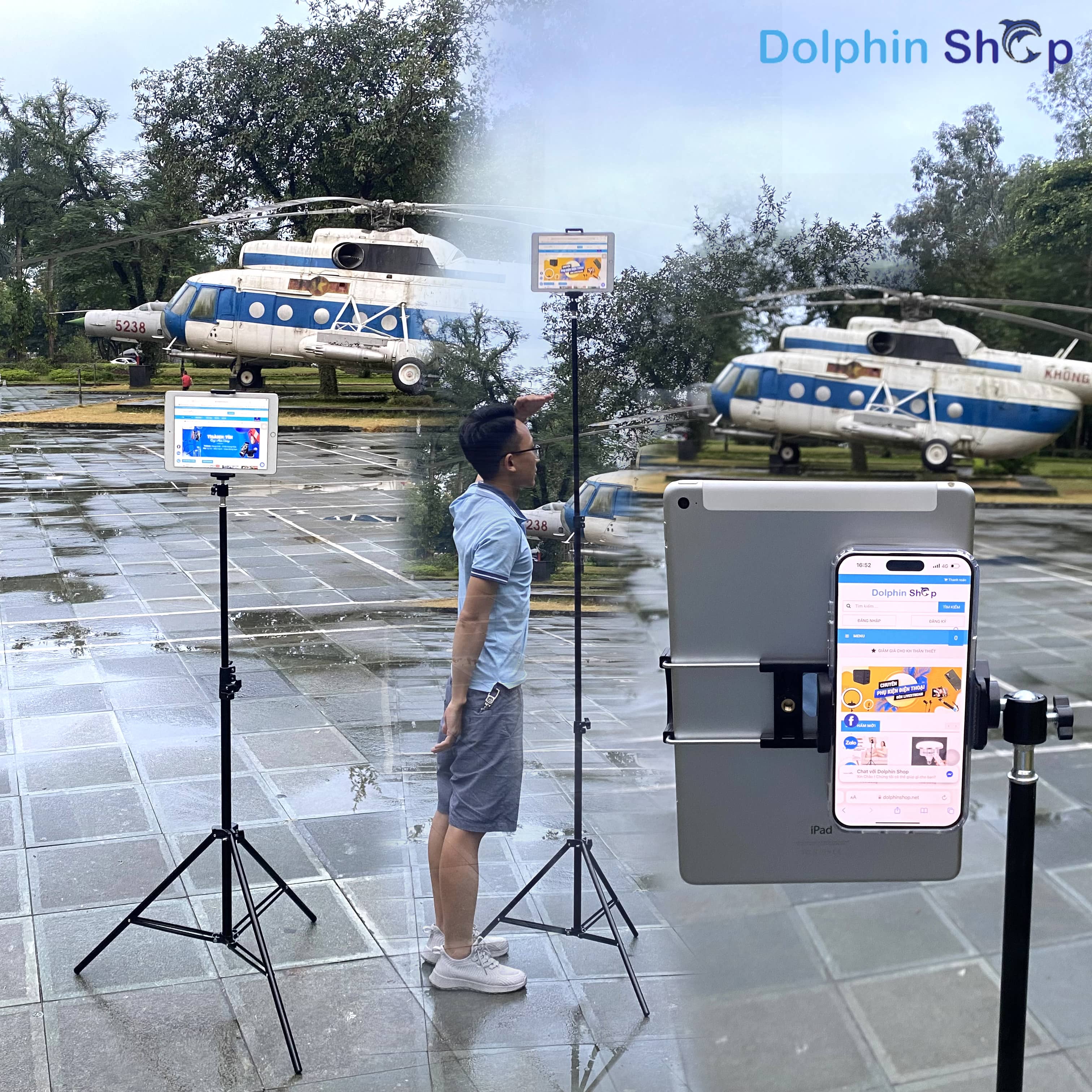 Giá đỡ ipad 2in1 kẹp điện thoại cùng lúc, gắn chân máy ảnh, tripod