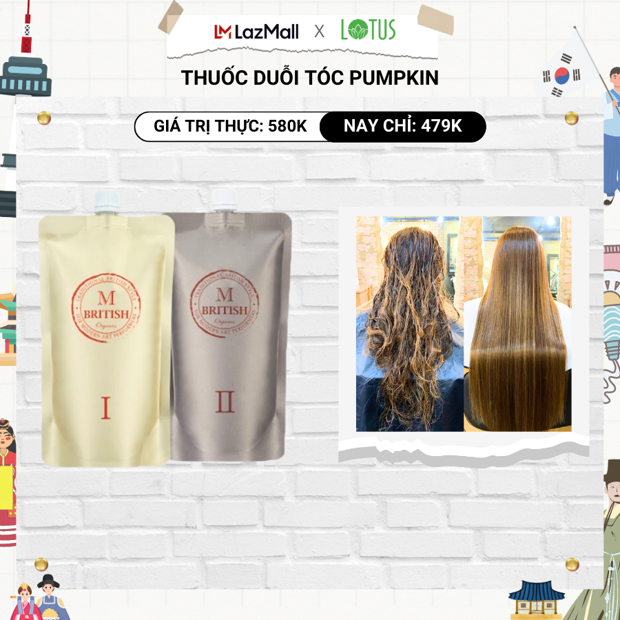 Cặp thuốc uốn, ép duỗi hữu cơ(organic) phục hồi tóc hư tổn nặng làm tại nhà, salon British M Pumkin Enzyme Perm 2 x 400g