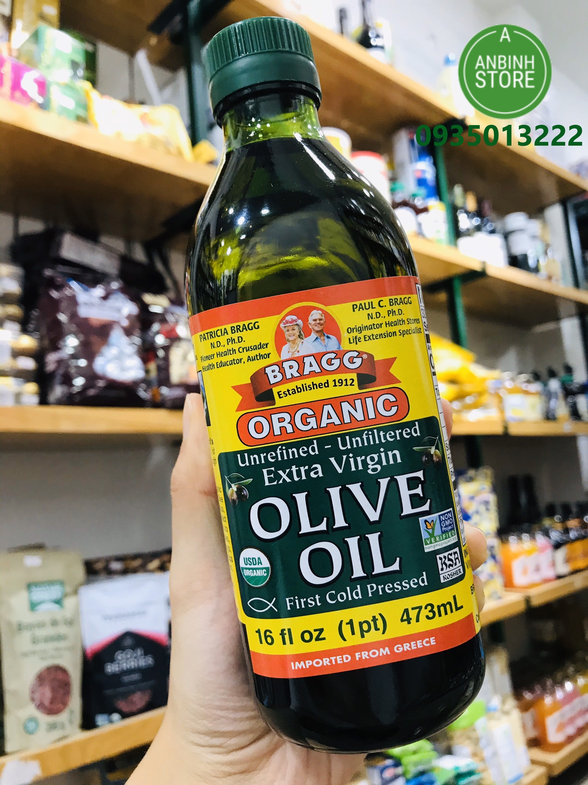 Date 10/2025   Dầu Oliu Nguyên Chất Hữu Cơ Ép Lạnh Bragg Mỹ 473ml