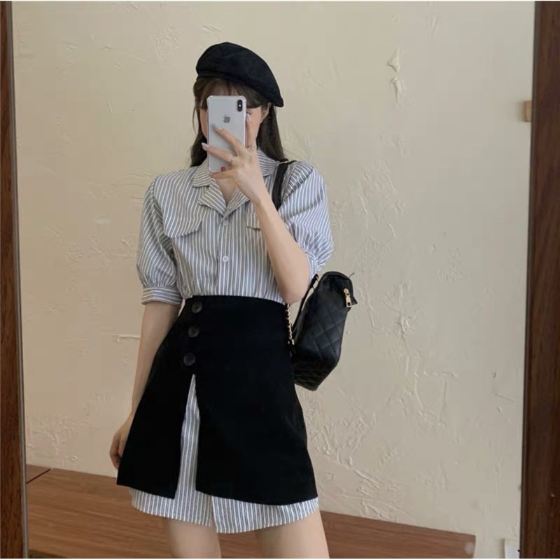 Set đầm sơ mi sọc kèm chân váy đen phối ngoài 😍😍