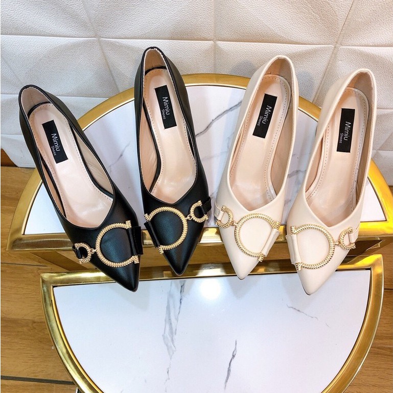 Giày Búp Bê Nữ Thời Trang, Đế Vuông,Mũi Nhọn, Hàng Chuẩn Size 35-40, Gót Cao 5P Màu Kem, Đen, Vàng