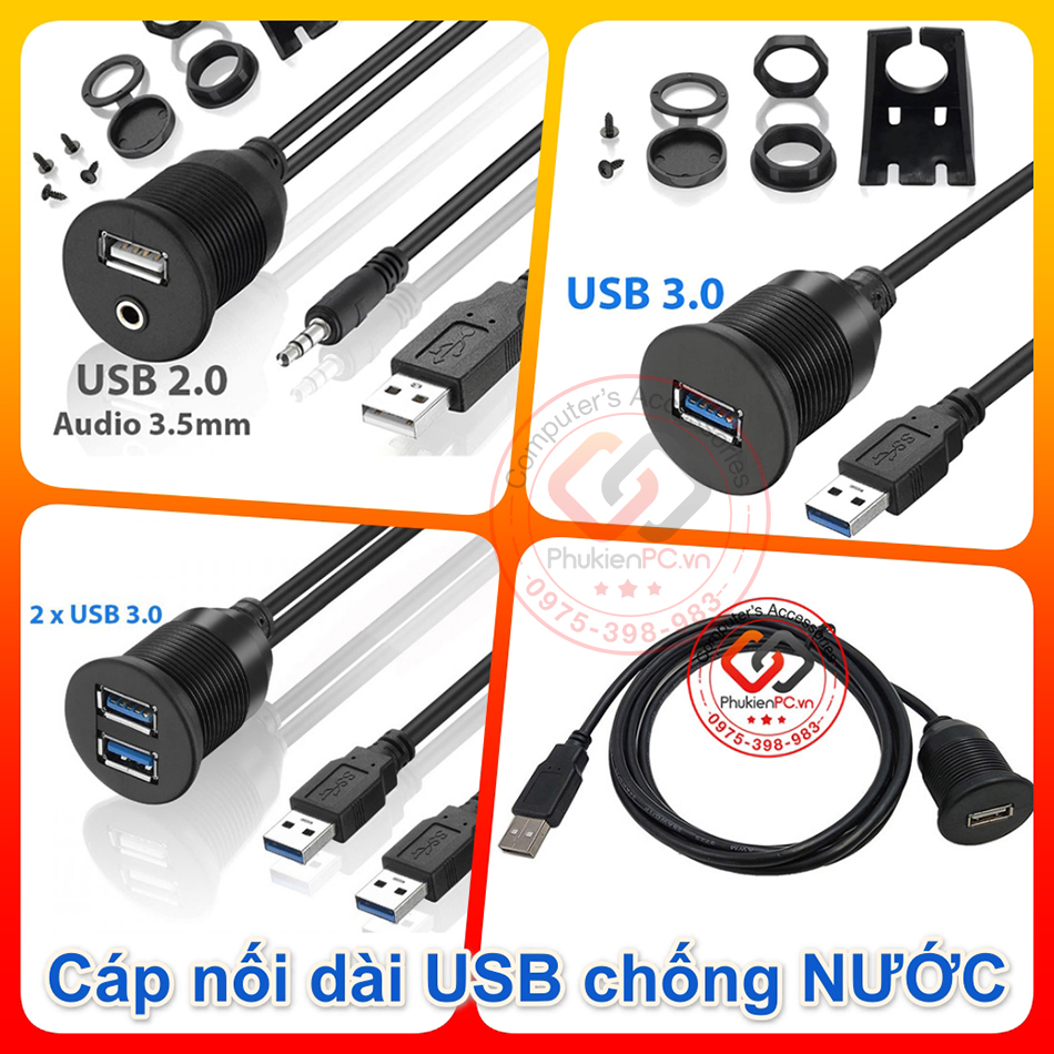 Các loại cáp nối dài USB 2.0 và USB 3.0 Flush Mount Panel chống NƯỚC gắn thành máy thùng máy Cho ô tô,xe máy thiết bị điện tử công nghiệp.
