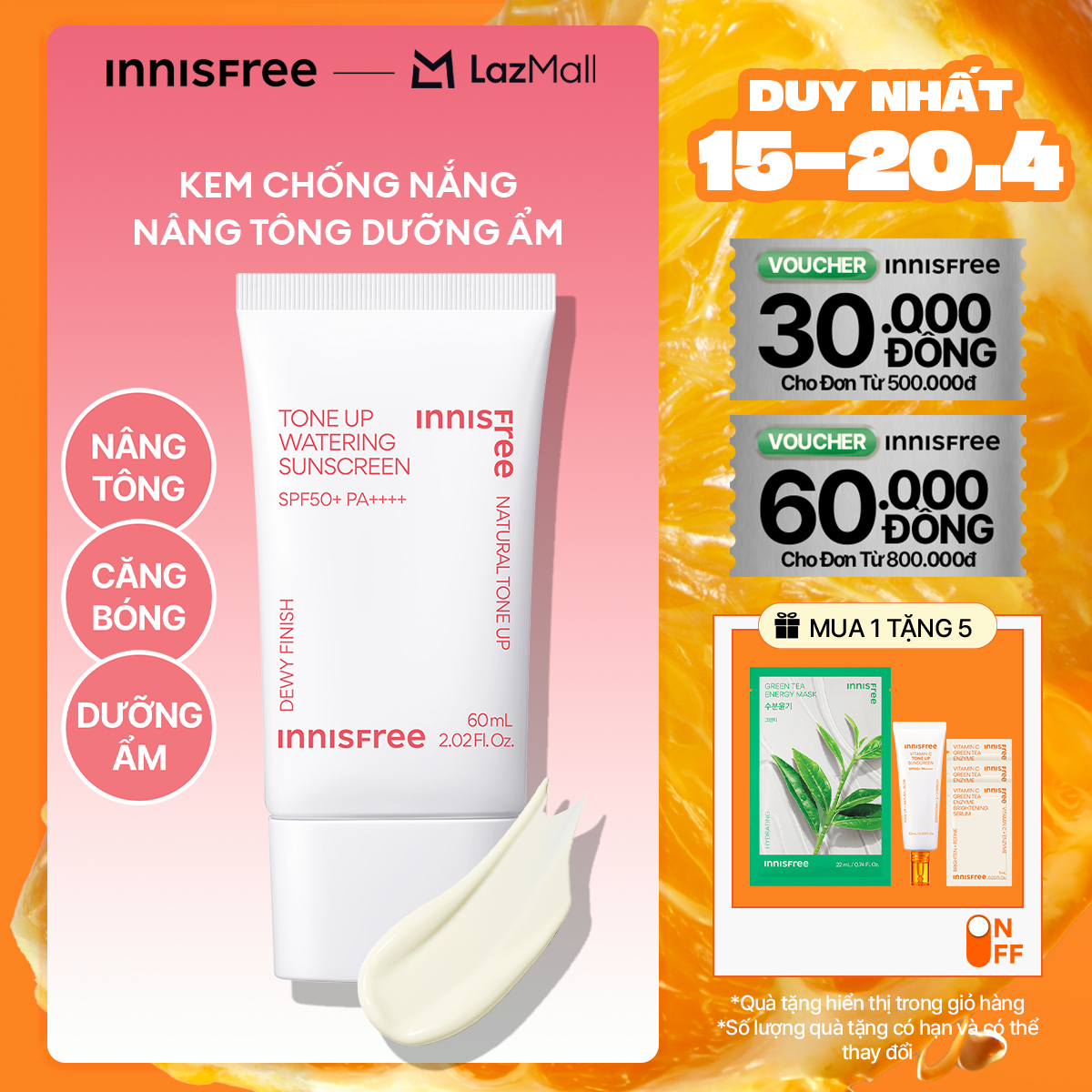 Kem chống nắng nâng tông dưỡng ẩm Innisfree Tone Up Watering Sunscreen SPF 50+ PA++++ 60ml
