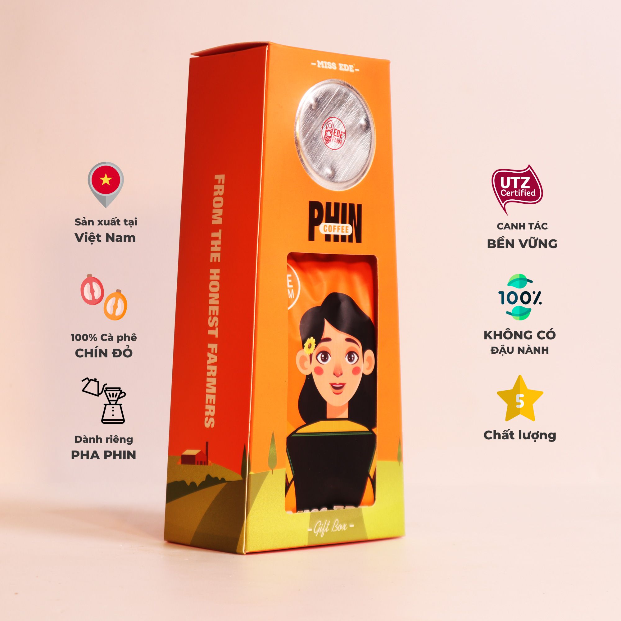 Hộp quà cà phê 250g PHIN VIETNAM - gồm một gói cafe phin nhẹ 250g và 1 phin cà phê- cà phê giảm cân - cà phê rang xay - cà phê xanh