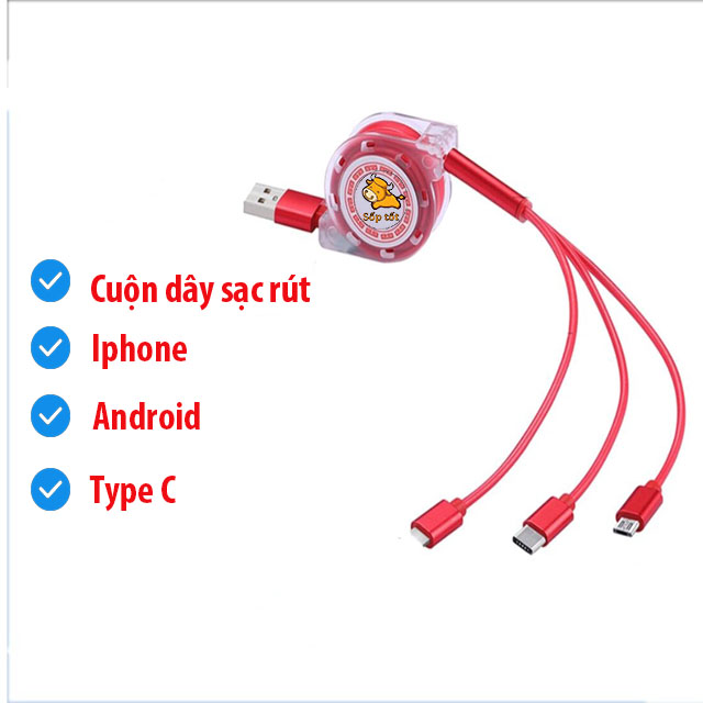Day sạc dien thoại dây sạc 3 đầu cuộn dây rút GD157
