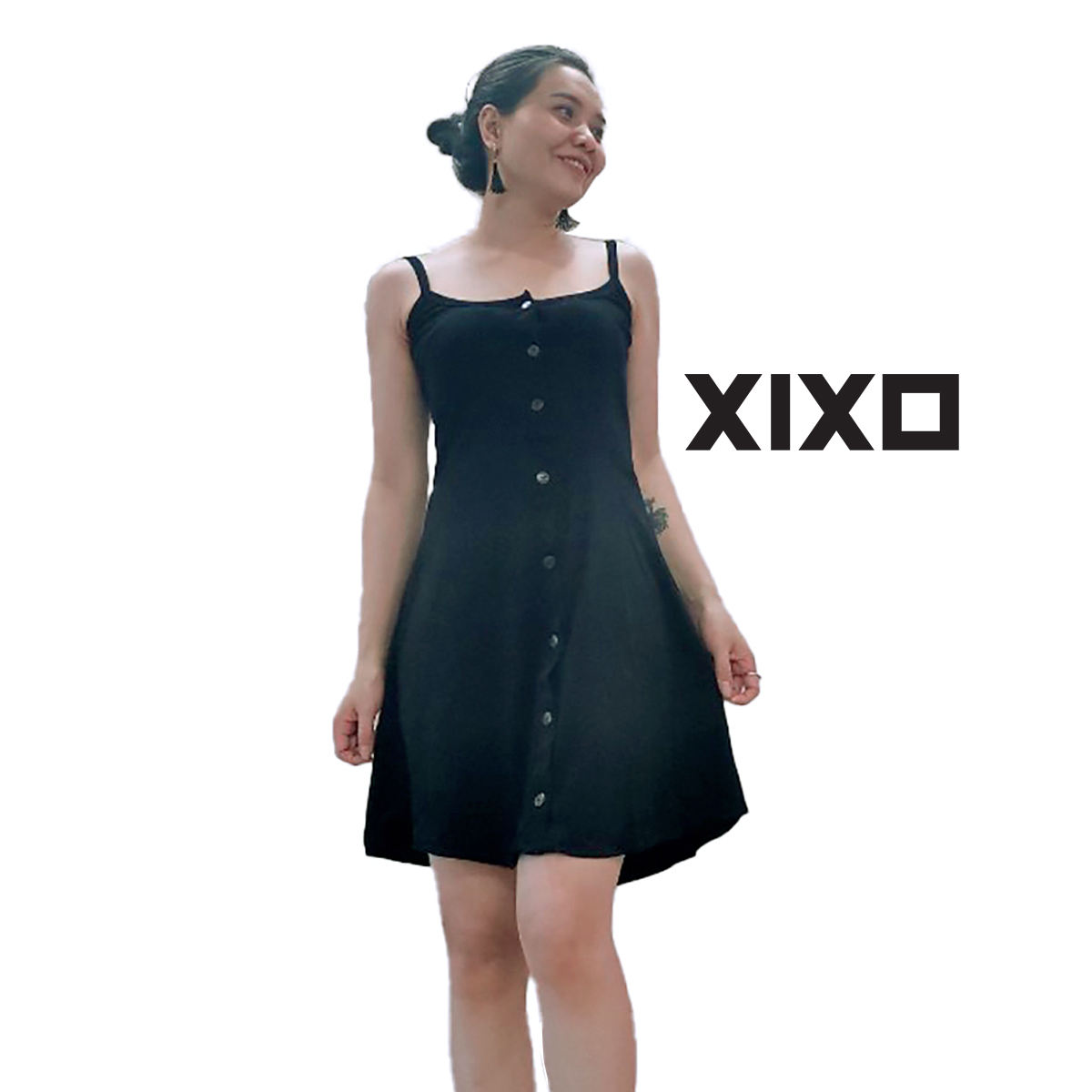 Đầm xòe 2 dây cúc gỗ thời trang XIXO cao cấp chất thun gân mềm mịn co giãn 4 chiều