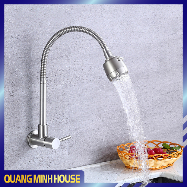 - HÀNG CAO CẤP - Vòi rửa chén bát lạnh âm tường inox 304 cần mềm dành cho bồn rửa chén bát kép tiện dụng