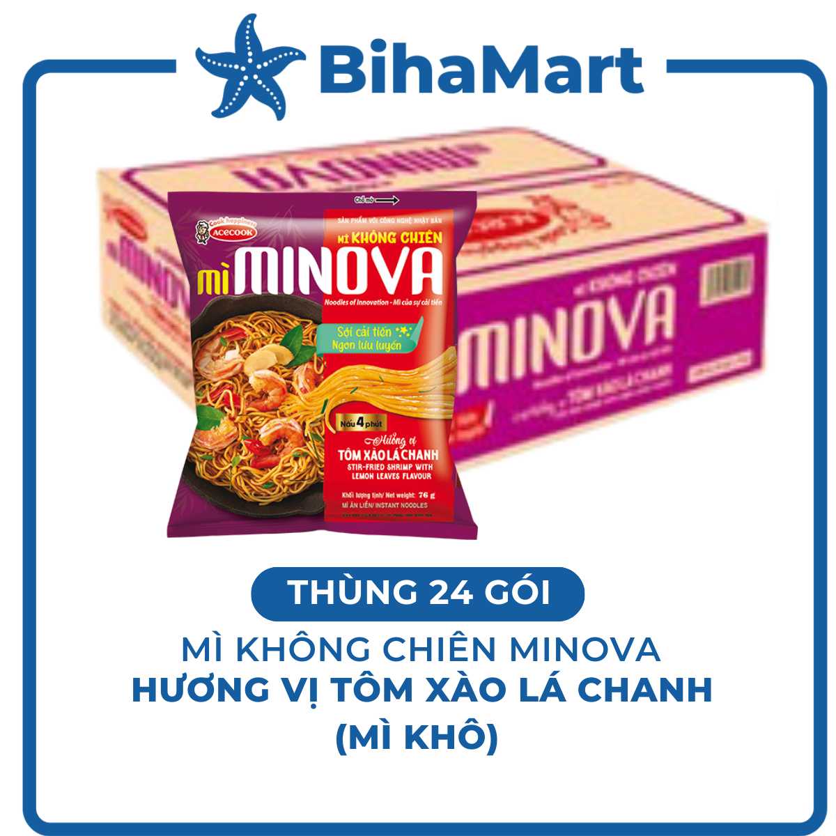 [THÙNG 24 GÓI] - ACECOOK - MINOVA Mì không chiên hương vị tôm xào lá chanh (76g/gói) - Mì Minova tôm