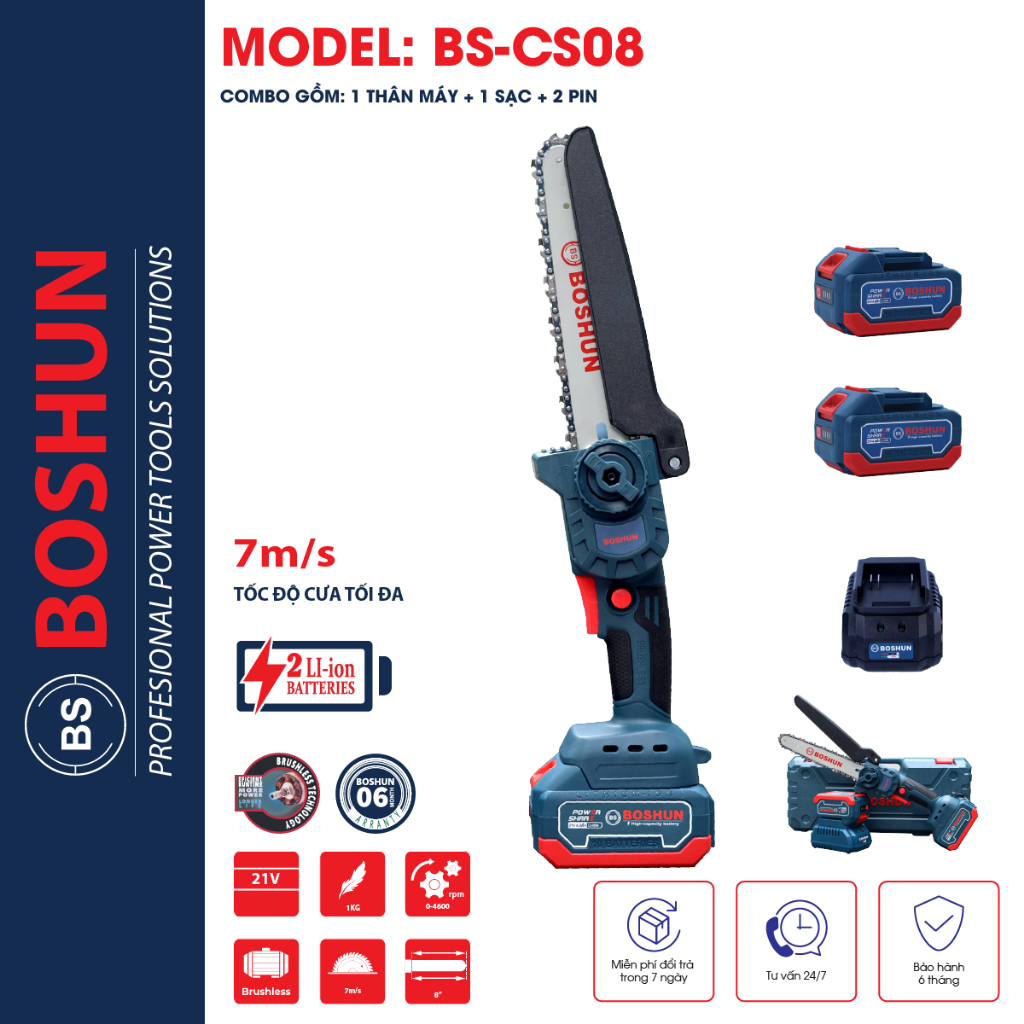Máy Cưa Xích Dùng Pin BOSHUN - Pin 21v, Lưỡi Cắt Sắc Bén, Không Chổi Than, Chân Pin Phổ Thông, Bảo Hành 6 Tháng BS-AB403
